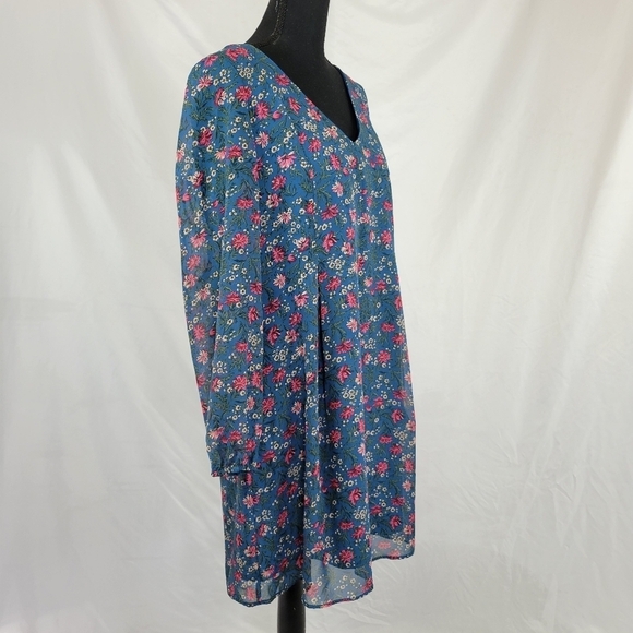 INC INTERNATIONAL CONCEPTS V Neck Sheer Long sleeve Shift Dress Teal Floral - Picture 6 of 9